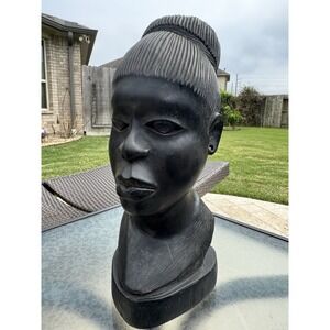 Solid Ebony Wood Carved African Woman Sculpture Statue Head Bust‎ Heavy 12" Tall